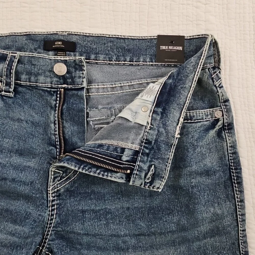 NEW True‎ Religion Geno Big T Flap Jeans Men's 38x32 Blue Flap Relaxed Slim NWT